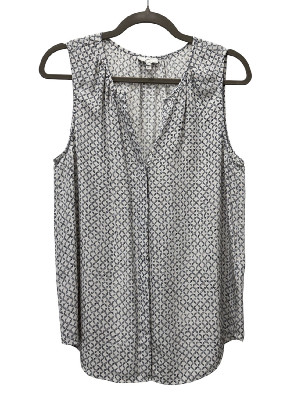 Joie Silk Sleeveless Split Neck Blouse Ivory Navy Geometric Print Size Small